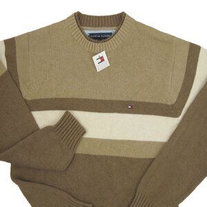 NEW Tommy Hilfiger Lambswool Sweater! Medium Tan Brown Creme Stripe Tommy Flag